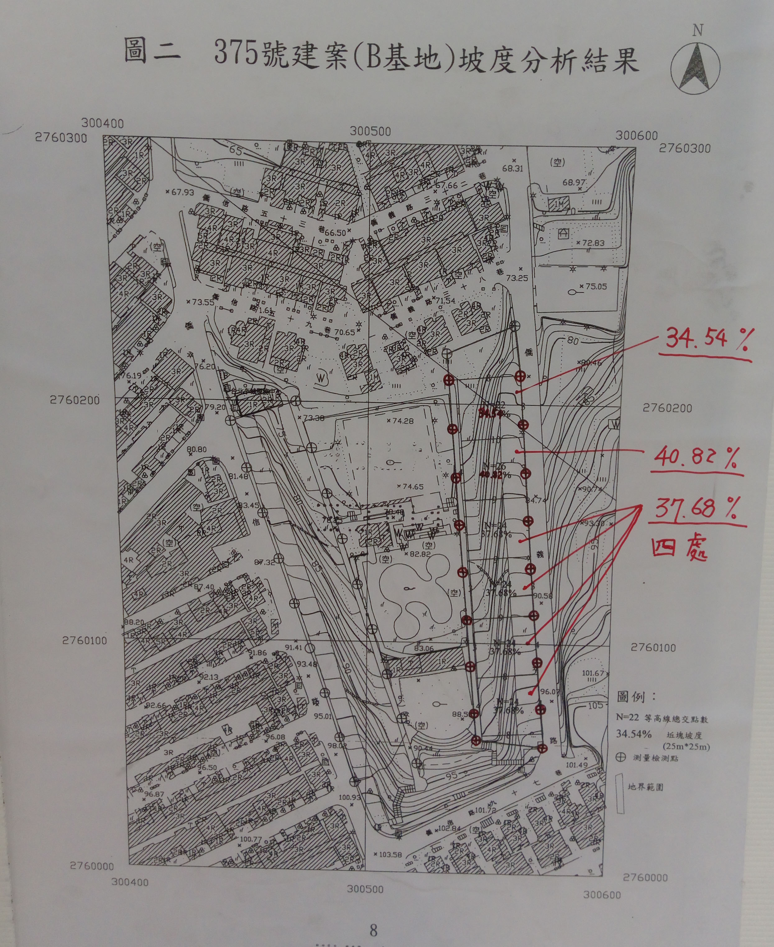 376號建地，其坡度分析結果為28.26%, 34.54%, 34.54%, 34.54%, 34.54%, 34.54%,故有5個坵塊不符建築技術規則在坵塊塗上建築物座落位置其坵塊坡度應小於百分之三十之規定。375號建地(B基地)，其坡度分析結果為34.54%, 40.82%, 37.68%, 37.68%, 37.68%, 37.68%, 故6個坵塊均不符建築技術規則在坵塊塗上建築物座落位置其坵塊坡度應小於百分之三十之規定。